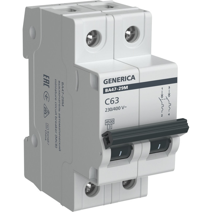Автоматический выключатель IEK GENERICA ВА47-29М 2P 63А 4,5кА C MVA21-2-063-C-G